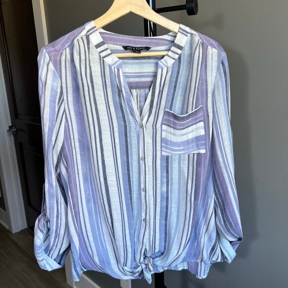 Zac & Rachel Stripped Button Up Top Blouse with Roll Tab Sleeves Size Large - Picture 1 of 8